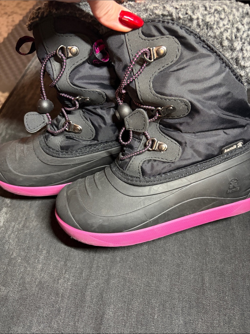 Kamik Kids Black Winter Boots with Pink Soles and Pull-Top Closure